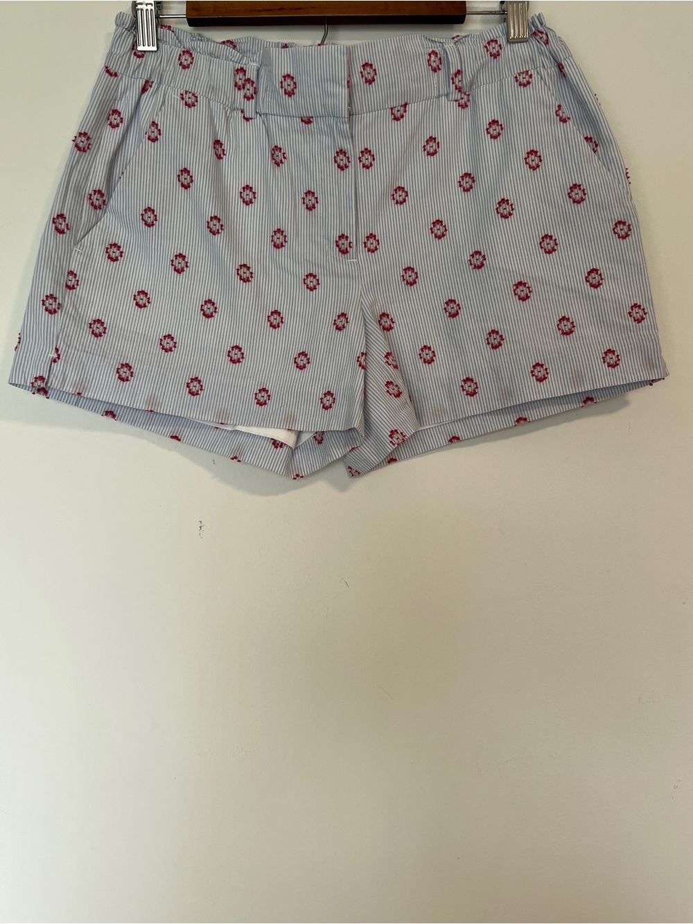 LOFT Blue and Red Striped Floral Embroidered Top